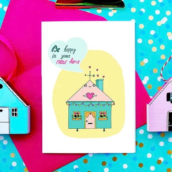 New Home Greeting Card - "Be Happy in Your New Home" Cute House Design - Blank Inside, Envelope Included - Perfect for Housewarming Gifts and Celebrations