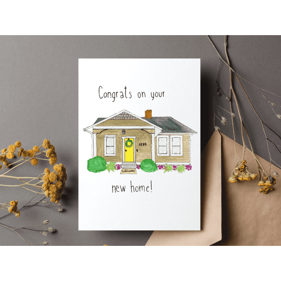 New Home Greeting Card "Congrats on Your New Home!" Watercolor House Design Blank Inside, Envelope Included Perfect for Housewarming Celebrations