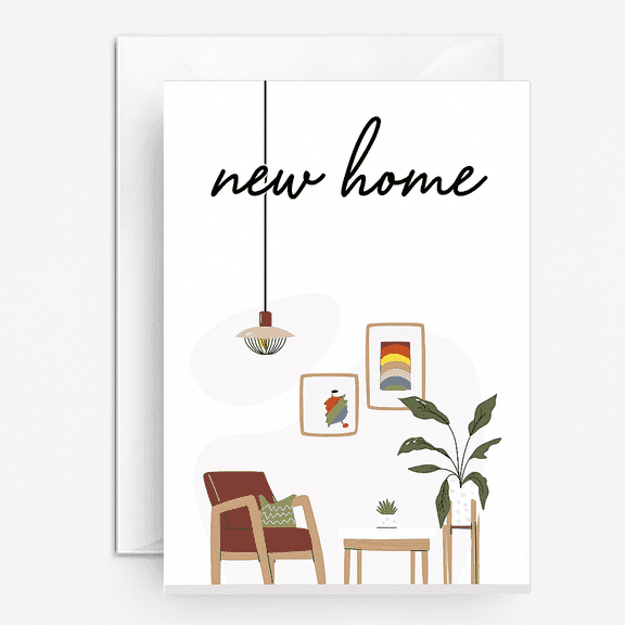 New Home Greeting Card – Elegant Hand-Illustrated Design with Plants and Cozy Furniture – Blank Inside for Personal Messages – Perfect for Housewarming Celebrations