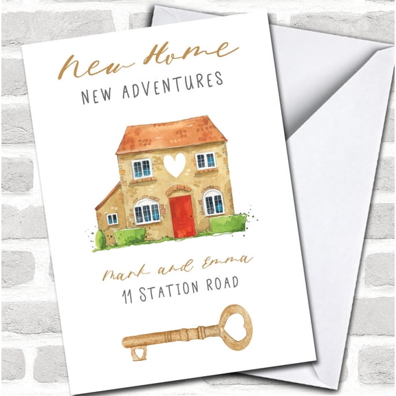New Home Greeting Card for Housewarming Personalized New Adventures Design Featuring Charming Watercolor House Envelope Included