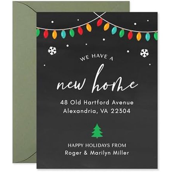 New Home Holiday Moving Announcement Cards, Flat 4.25x5.5 Personalized Christmas Tree Address Cards with Envelopes$$Office