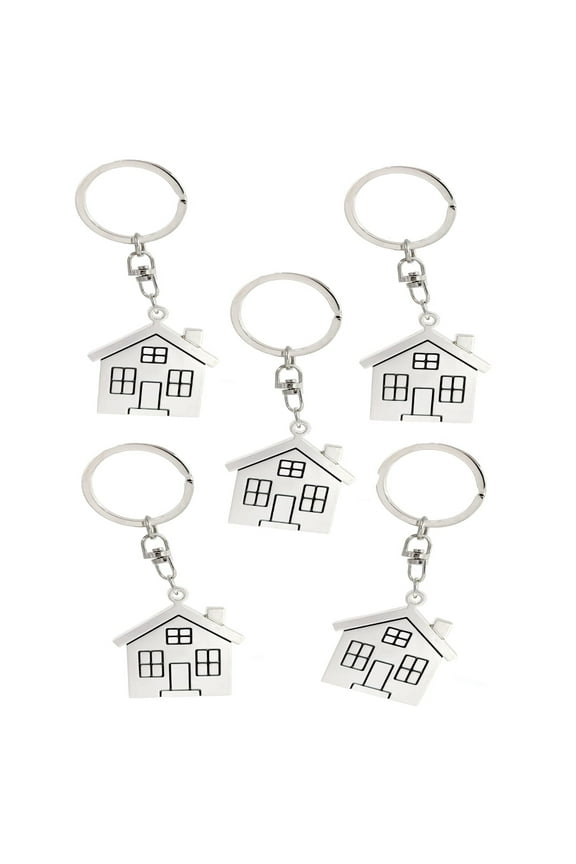 New Home Keychain, 5 Pack, Metal Keyring with Stamped House Pendant Charm