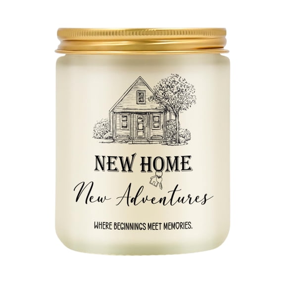 New Home New Adventures Soy Wax Candle, 7oz Frosted Glass Jar with Gold Lid, Housewarming Aromatherapy Candle, Perfect New Home Gift for Friends & Family, Lavender