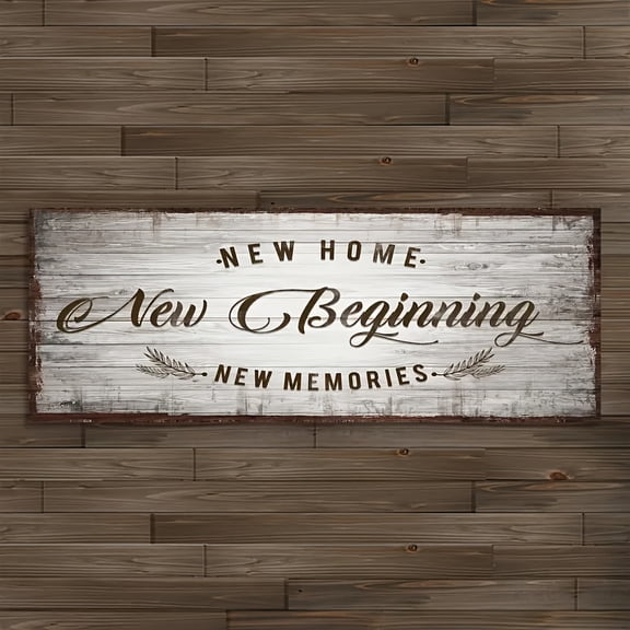 2D Flat Wooden Hanging Sign New Home, New Beginning, New Memories, Country Style Housewarming Gift, Wire-Free Farmhouse Wall Decor for Living Room and Kitchen