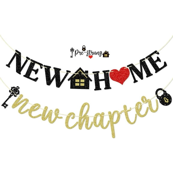 New Home New Chapter Banner, Pre-strung New Home Banner, Housewarming Party Decorations, Home Decor, Black & Gold Glitter