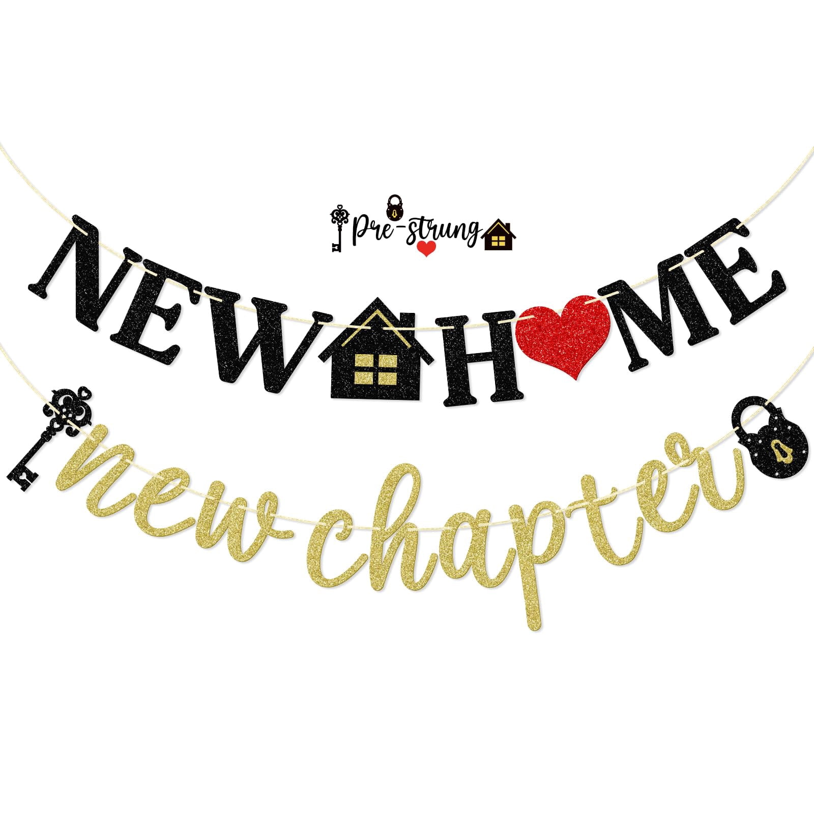 Gold Glitter 'God Bless Our New Home' Banner - Pre-Strung Housewarming Decor, 3.3ft Wide