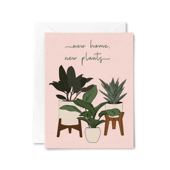 New Home, New Plants Greeting Card – Perfect Card for Housewarming Celebrations – Envelope Included, Blank Inside – Cute Plant Illustration