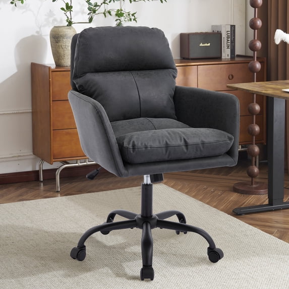 New Home Office Desk Chair Comfy , Adjustable Rolling Swivel Computer Task Chair for Study,Makeup,Office,Bedroom,PU Leather,Black