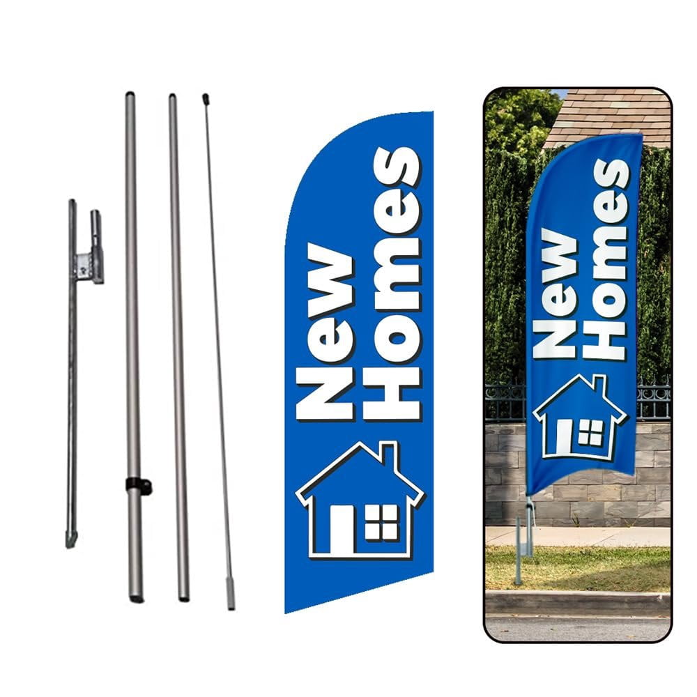 New Homes 6ft Swooper Feather Flag for Real Estate outdoor Business Advertising windless Banner with Complete Pole Kit of 8ft and Ground Stake