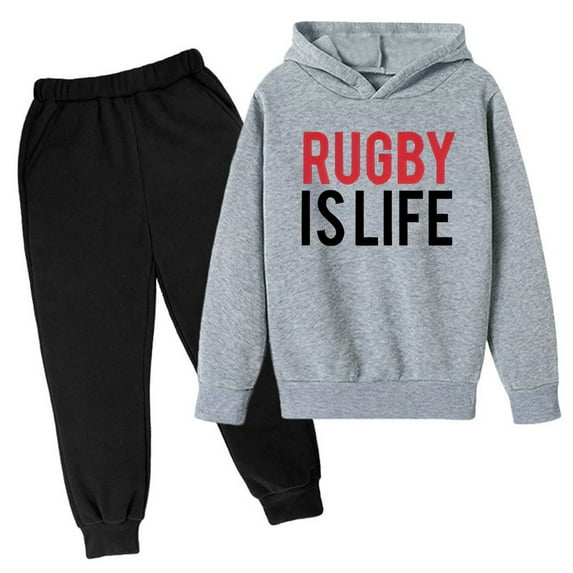 New Hooded Football Letter Printed Hoodie Pants Children's Casual Two Piece Fashion Trend American Football Fans Sports Rugby Player Sports Gift Grey 9 Years-10 Years