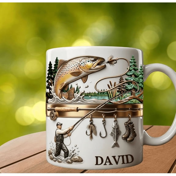 New Hooked on Fishing White Coffee Mug, 2D Effect Printed Customized Fisherman Accent Mug, Personalized Fishing Coffee Mug for Men Dad, Fisherman Ceramic Mug with Name Gifts Dad