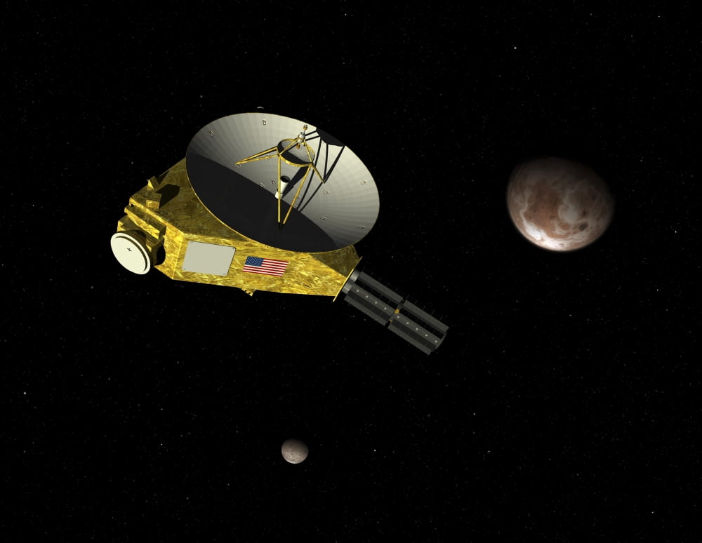 New Horizons spacecraft approaches dwarf planet Pluto and its moon Charon Canvas Art - Walter MyersStocktrek Images (17 x 13)