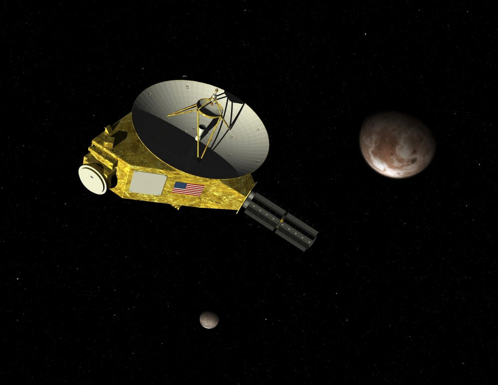 New Horizons spacecraft approaches dwarf planet Pluto and its moon Charon Canvas Art - Walter MyersStocktrek Images (33 x 25)