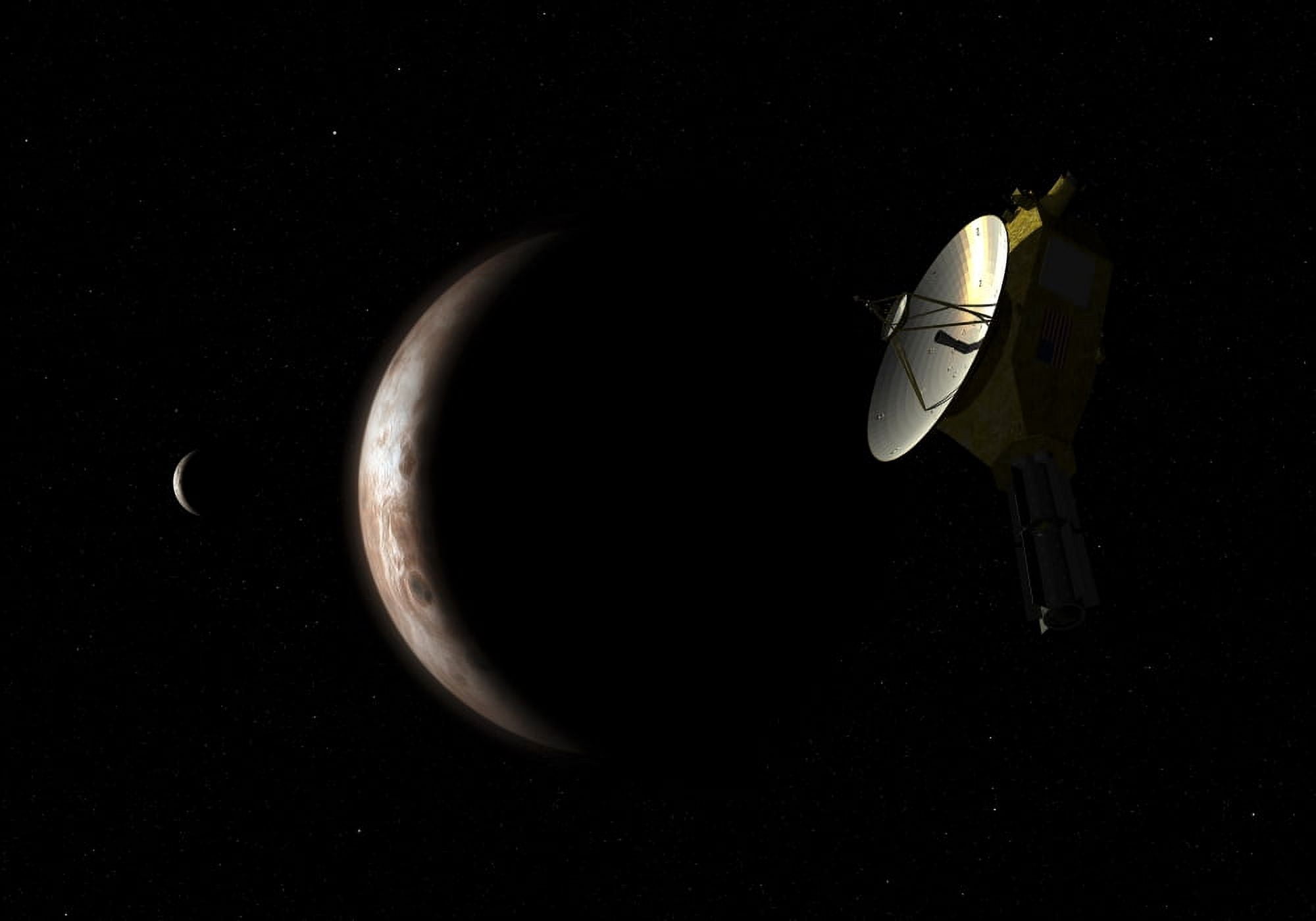 New Horizons spacecraft approaches dwarf planet Pluto and its moon Charon Canvas Art - Walter MyersStocktrek Images (34 x 24)