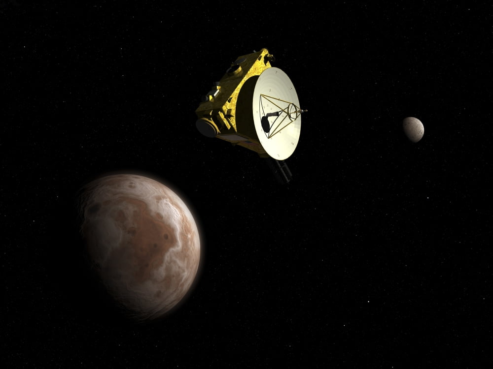 New Horizons spacecraft flies by dwarf planet Pluto and its moon Charon Canvas Art - Walter MyersStocktrek Images (17 x 13)