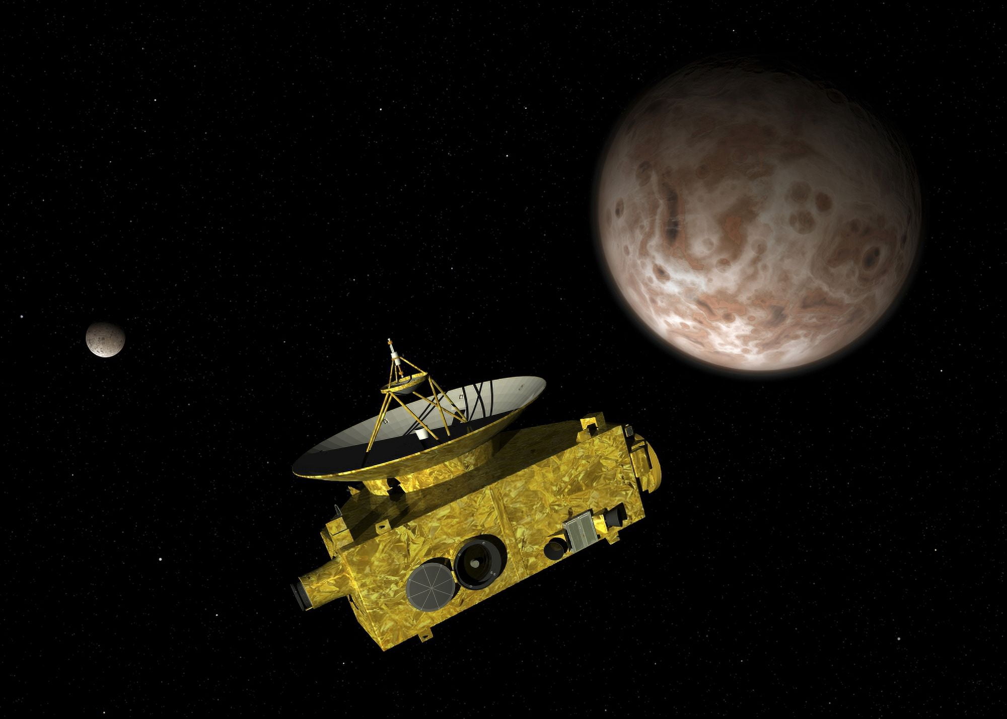 New Horizons spacecraft over dwarf planet Pluto and its moon Charon Canvas Art - Walter MyersStocktrek Images (34 x 24)