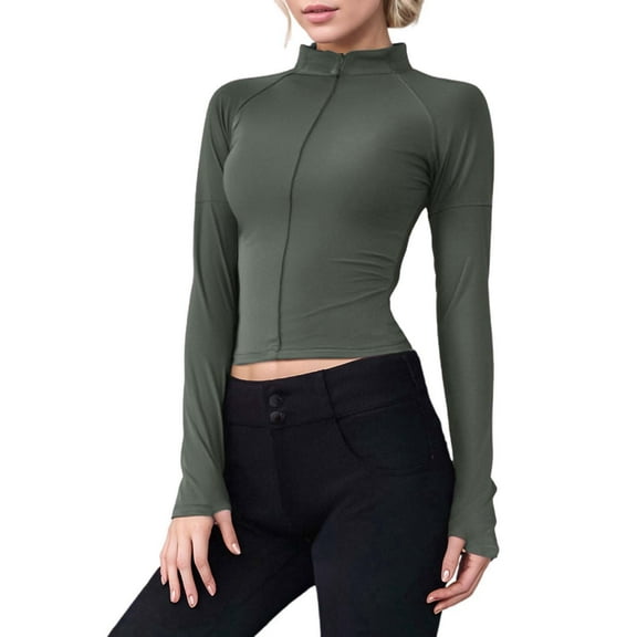 New Hot Girl Half Turtle Collar Tight Zipper Short Long Sleeve Bottoming Shirt, Lightweight, All-Season, Daily Casual Wear