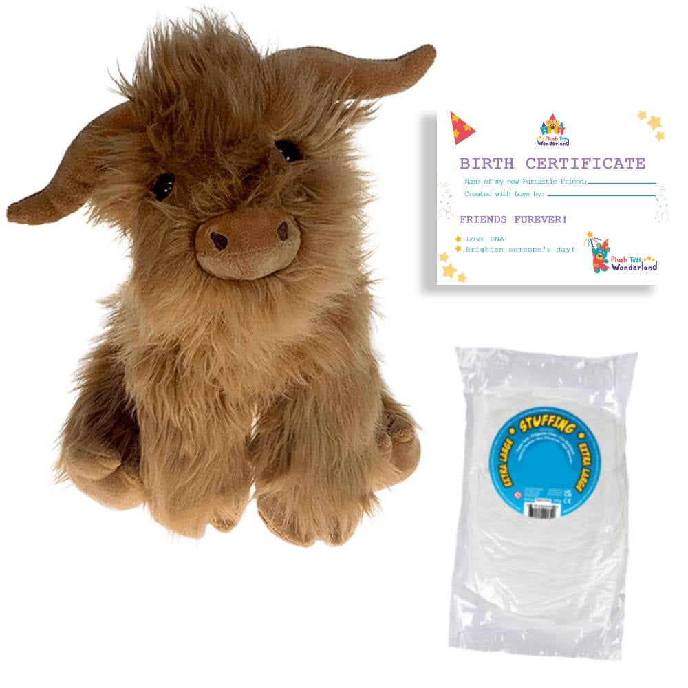 New Hugo The Highland Cow 8-inch Plush Kit - Soft DIY Stuffed Animal with Birth Certificate, Ideal Craft Gift for Kids