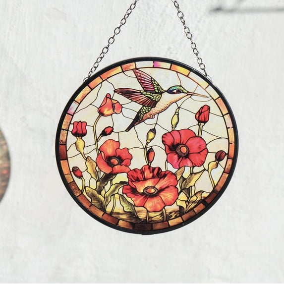 New Hummingbird and Poppies Stained Glass Suncatcher, Garden Window Hanging, Gift for Nature Lover, Handmade Glass Art for Mother, Home Decor