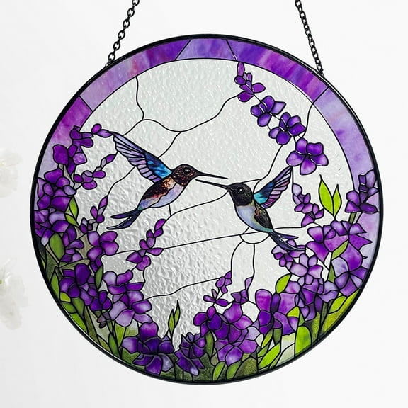 New Hummingbirds Among Lavender Flowers Stained Glass Suncatcher, Wall Art, Window Hanging, Indoor Decor, Gifts for Women, Sun Catcher