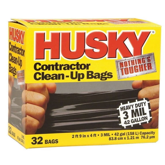 Husky HK42WC032B Contractor Clean-Up Bags, 3 Mil, 42-Gallon, 32-Count, Black polyethylene resin