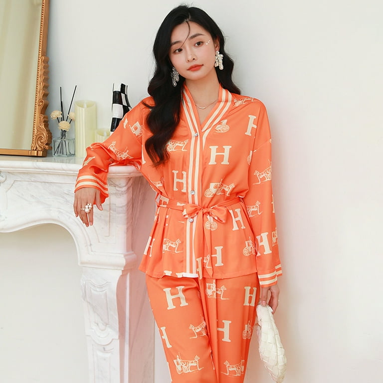 New Ice Silk Pajamas Women s White Tiger Long Sleeve Simulated Silk Summer Home Wear Pants Set