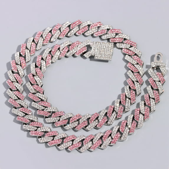 New Iced Out Pink Rhinestones Prong Cuban Chain Necklace for Men Women Hip Hop Bling Crystal Cuban Link Choker Necklace Jewelry Gift QY
