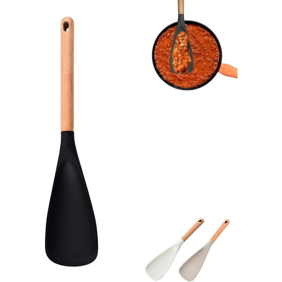 New Icefavor Spatula Spoon, BPA-FREE Multifunction Spatula Cooking Spoon for Mixing, Scoop, and Scrape, Heat-Resistant with Wooden Handle, Easy to Clean Kitchen Utensil (Black, L)
