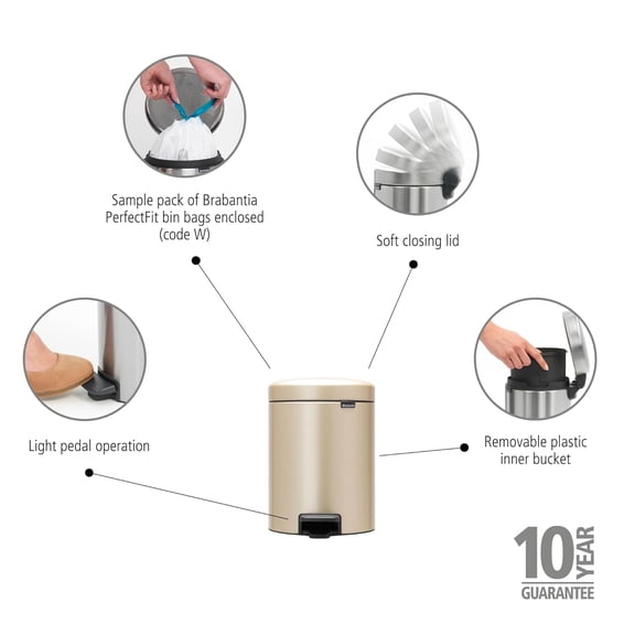 New Icon Step Trash Can (1.3 Gal/Metallic Gold) Soft Closing Kitchen Garbage/Recycling Can with Removable Bucket