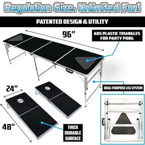 New & Improved 2-in-1 Cornhole Boards & Party Pong Table w/Optional LED Lights (Black-USA-Football-Wood-Custom) - Choose Your Model
