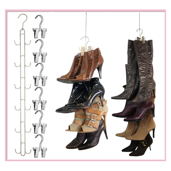 New Improved System- Boot STAX: Vertical Hanging Boot Rack, Boot Storage, Boot Organizer: 1 Vertical Rod That Swivels + 6 Silver Boot Hangers (Silver)