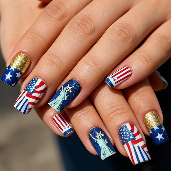 New Independence Day nail art, five-pointed star glossy press-on nails, 24-piece detachable false nails