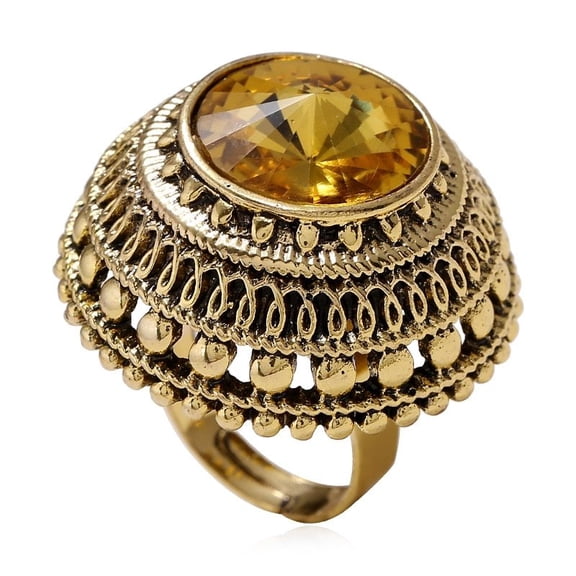 Vintage Gold Crystal Ring Adjustable Oval Rhinestone Inlay Champagne Gold Color Unisex Alloy Metal Ring Birthday Gift Fashion Jewelry Ring