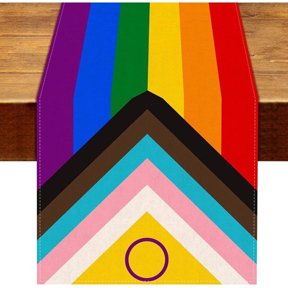 New Intersex Progress Pride Table Runner June LGBTQ+ Gay Rainbow Indoor Outdoor Party Table Cover Decoration Home Kitchen Dining Room Tablescape (13" x 108")