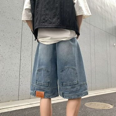 New Inverted Rock High Street Denim Shorts for Men Summer American Retro Washed Hip Hop Loose Straight Leg Casual Split Pants