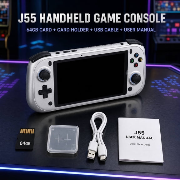 New J55 Portable Handheld Device, with 64GB Storage Card, Horizontal Screen Handheld Device, High-Definition Screen, TF Card Slot, Supports Multiple Languages, Perfect Holiday Gift