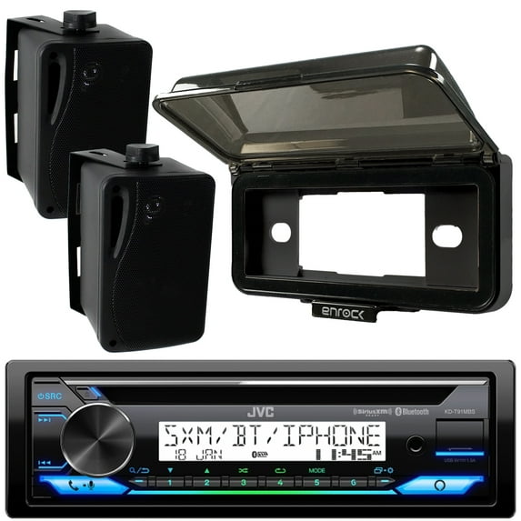 New JVC KD-T91MBS Marine Detachable Face CD Radio Sirius XM Receiver With Enrock Protective Cover Water-Resistant Radio Housing, 2 X Pyle 3.5" Inch 3-Way Weatherproof Black Box Speakers