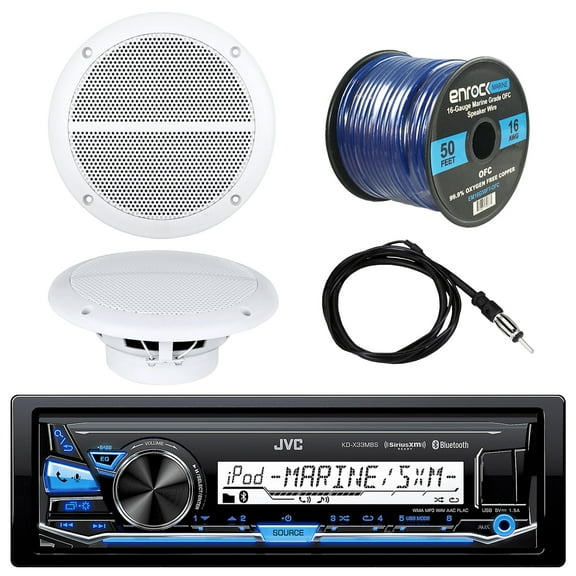 New JVC KD-X33MBS Bluetooth Marine Car Receiver, 2 x Enrock Boat 6.5 Inch Weather Resistant Speakers, Enrock Antenna 40, Enrock Audio Marine Grade Spool of 50 Foot 16-Gauge Speaker Wire