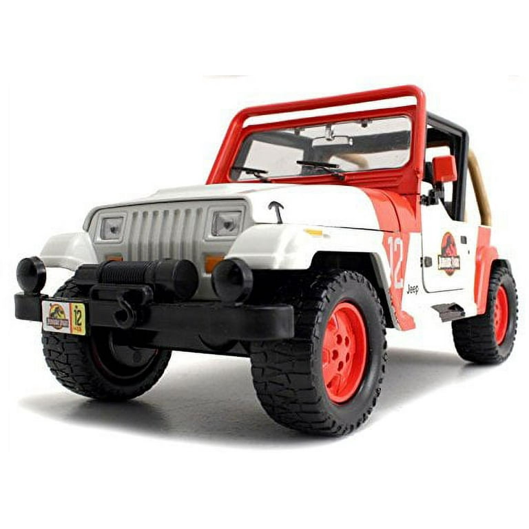 New Jada Jurassic World JP Staff Jeep Wrangler 1 24 Scale Diecast Model Car White Orange Display version. No Retail Box