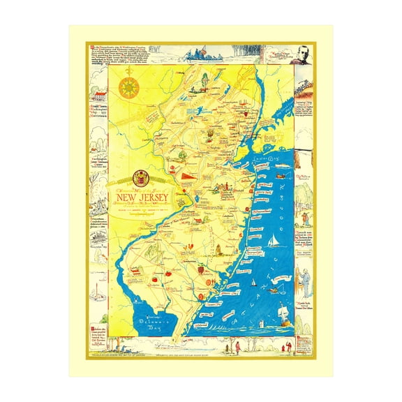 New Jersey Art, 1939 Vintage Map of New Jersey History Wall Decor Gift, Old New Jersey Map - 18" x 24" Unframed Print