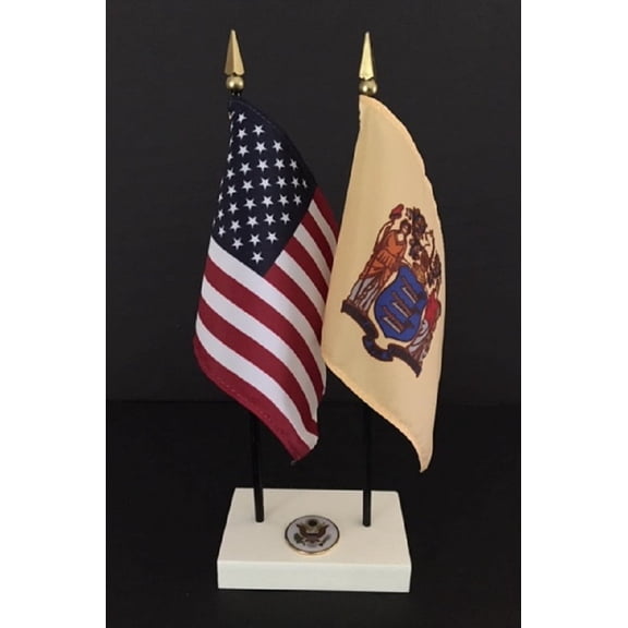 New Jersey Executive Desk Set; Two 4x6 Inch Flags, White Base with US Seal