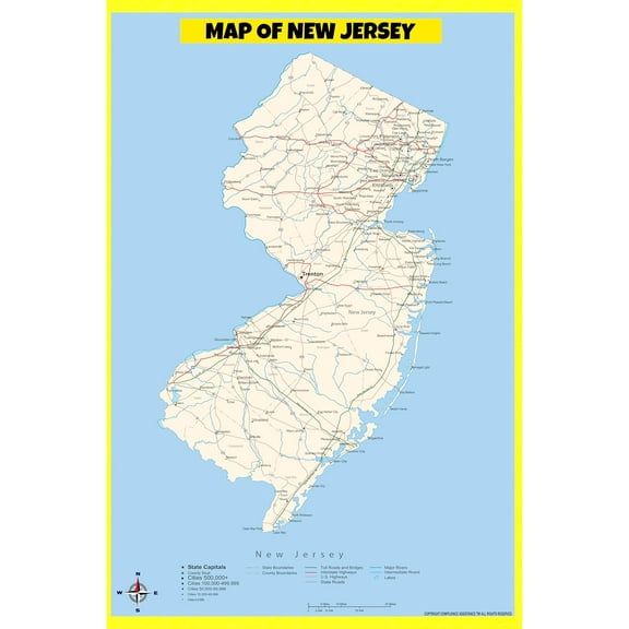 New Jersey Map Poster - Laminated Wall Map - Style B - 24x36 - Ideal for Classrooms and Homes – Features Bright Colors and Vivid Imagery