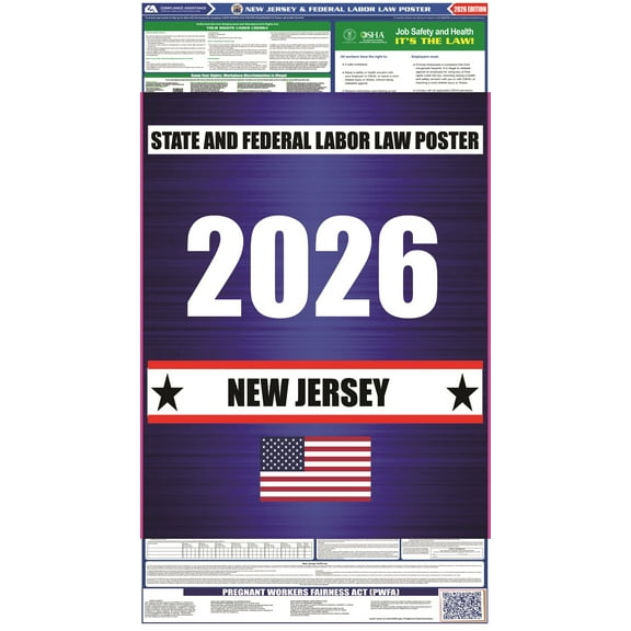 New Jersey (NJ) 2026 State Labor Law Poster - State, Federal and OSHA Compliant Laminated Poster - Perfect for the Workplace Posting - Clear and Easy-to-Read Format - 20 Inch by 36 Inch - English