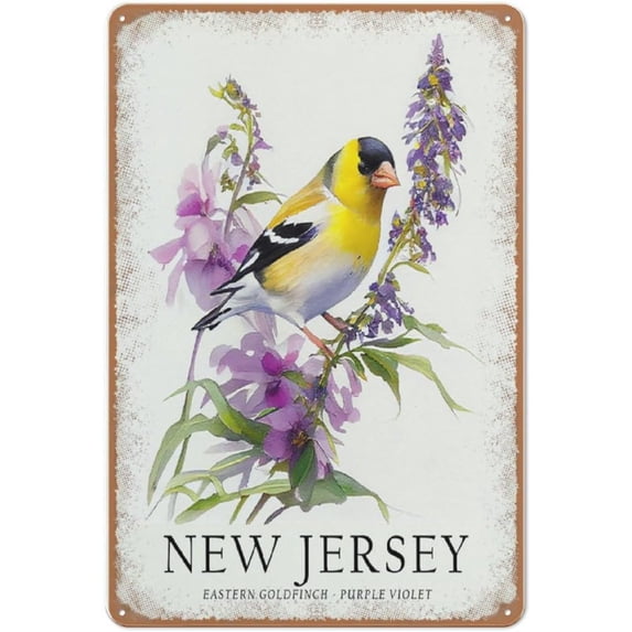 New Jersey State Bird Art Print, New Jersey State Flower, New Jersey Wall Art, Home Decor, Metal Tin Sign Wall Decor Man Cave Bar Home Decor Gifts for Mom,Dad and Friends 8X6 Inches