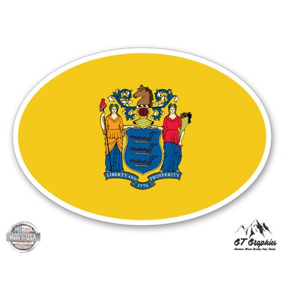New Jersey State Flag Oval - 3" Vinyl Sticker - For Car Laptop I-Pad Phone Helmet Hard Hat - Waterproof Decal