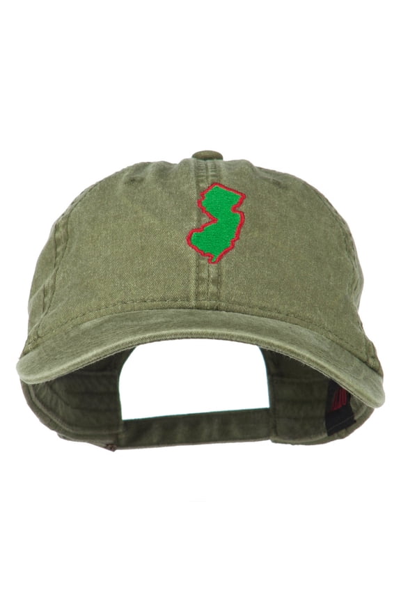 New Jersey State Map Embroidered Washed Cotton Cap - Olive Green OSFM