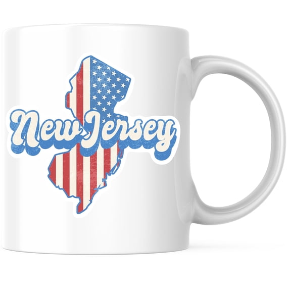 New Jersey State Outline Coffee Mug - NJ State Shape with USA Flag - 11 Ounce Coffee Mug - White Interior & Handle - Choose Your State - Design Printed On Both Sides - Glossy Ceramic - BMCM01156