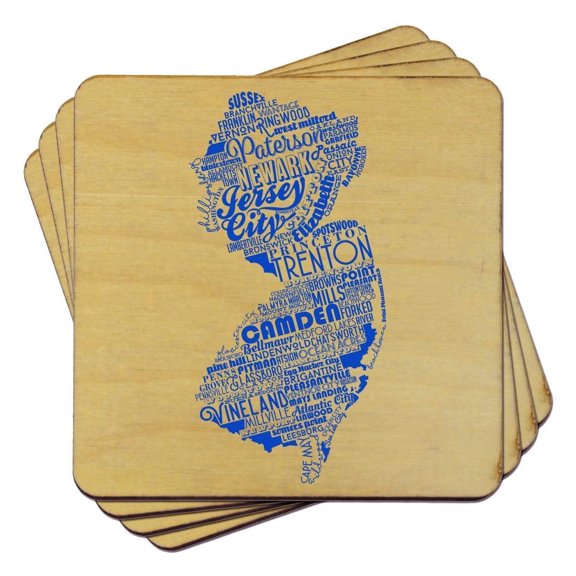 Torched New Jersey State Typography Coaster (Set of 4) Drink Beer Coaster Brown