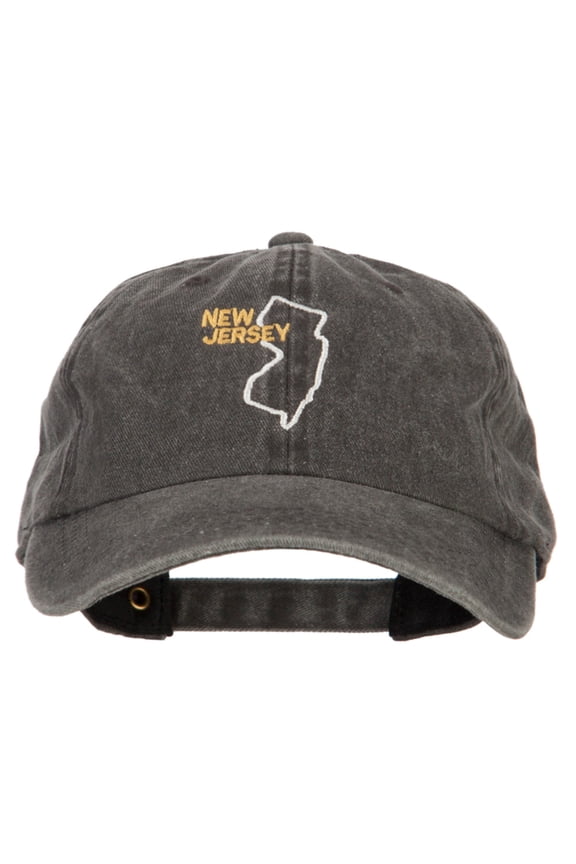 New Jersey with Map Outline Embroidered Washed Cotton Twill Cap - Black OSFM