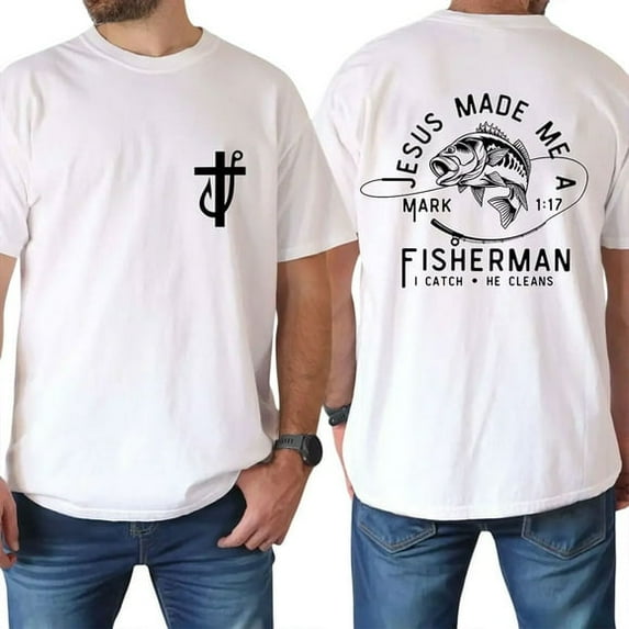 New Jesus Made Me a Fisherman Shirt | Christian T-Shirt for Men | Fisher of Men Bible Verse Tee | Faith-Based Gift for Dad or Husband | Sizes S|5XL, DTG Print, Unisex Shirt